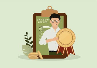 Businessman holding golden medal next to carbon credits checklist clipboard, representing environmental sustainability certification and corporate responsibility achievement. Vector illustration