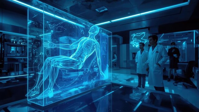 Muscle Relaxant. Holographic human figure blue futuristic lab scientis
