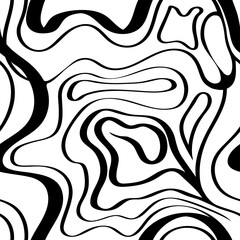 Black and white seamless abstract waves forming irregular, organic patterns with smooth fluid motion. Elegant monochrome design with high contrast and artistic flow.