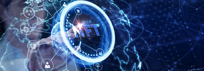 NFT Non-fungible token digital crypto on virtual screen.
