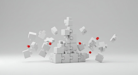 Abstract 3D render of a collapsing jigsaw puzzle tower. A concept representing business challenges, problems, and strategic failure.
