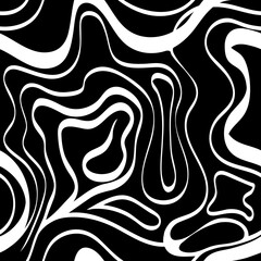 Black-and-white abstract seamless pattern with flowing, irregular white lines on a black background. Organic and chaotic composition with high contrast and fluid movement.