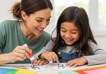 Joyful Mother and Daughter Crafting Paper Ghosts: A heartwarming scene of a mother and daughter collaboratively creating whimsical paper ghost crafts showcasing their bond and creativity.