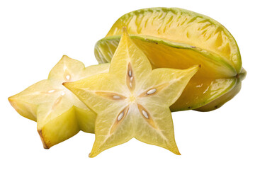 Fototapeta premium Star fruit slices showing yellow flesh with distinctive star shape and visible seeds, isolated on a transparent background