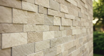 A close-up view showcases an exterior wall constructed from textured, rectangular stones in varying shades of beige and light brown. The wall's diagonal perspective highlights its dimensional quality