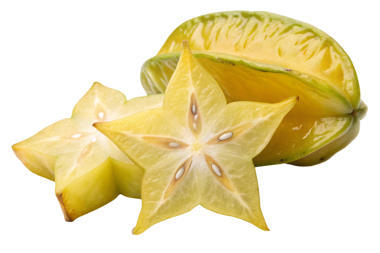 Star fruit slices showing yellow flesh with distinctive star shape and visible seeds, isolated on a transparent background