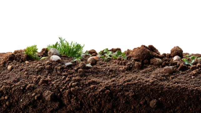 Earth's Embrace: A close-up shot reveals the intricate layers of earth, showcasing fertile soil, small rocks, and tender sprigs of life, offering a glimpse into the planet's nurturing embrace.
