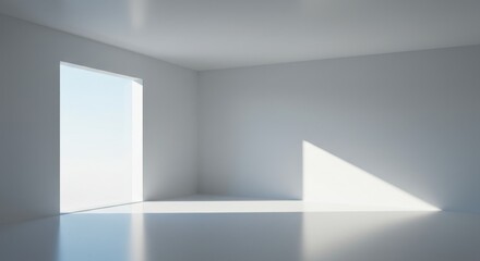 An empty, modern room with white walls, a doorway framing a bright sky, and sunlight casting a triangular shadow. The floor is glossy