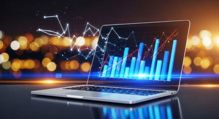 Laptop displaying a glowing financial graph with blue bars and white lines, representing data analysis and business growth against a blurred urban background