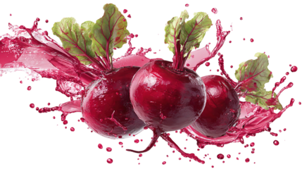 Two halves of a fresh beet with red juice splash isolated on white background
