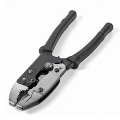 Black Handled Crimper Tool with Metal Jaws on White Surface for Repairing Cables