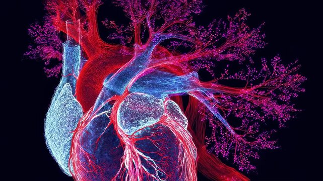 Crosssectional view of a heart with central obstruction demonstrating upstream vessel engorgement in vivid red hues and downstream vessel collapse with bluish tones in a circulatory