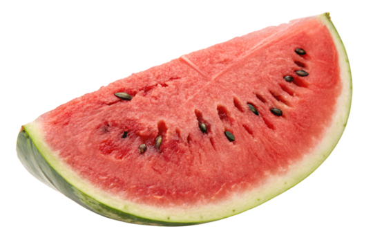 Red watermelon wedge slice showing juicy flesh with black seeds scattered throughout the fruit, isolated on a transparent background
