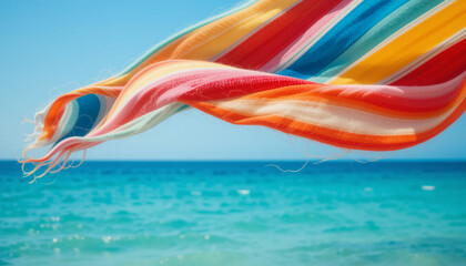 Colorful striped fabric billows in a gentle sea breeze, overlooking a calm turquoise ocean.
