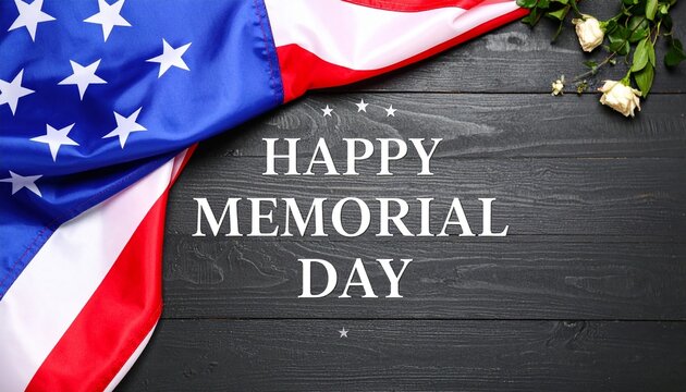 Memorial Day tribute with American flag and white roses on wooden background, honoring fallen heroes