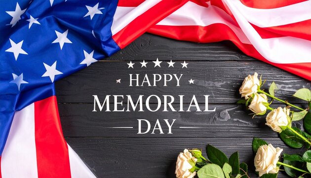 Memorial Day tribute with American flag and white roses on wooden background, honoring fallen heroes