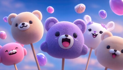 Cute cartoon bears and other animals on lollipop sticks against a pastel sky