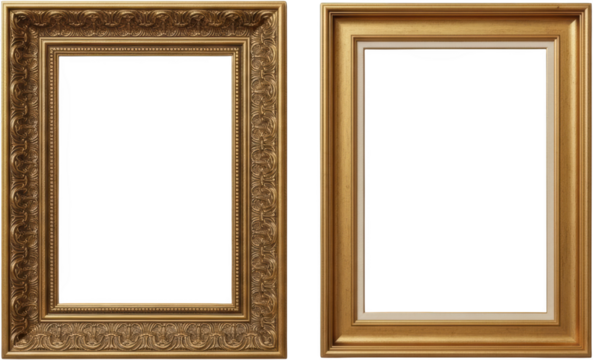 Two ornate gold picture frames with empty centers isolate gold frame ornate frame - Powered by Adobe