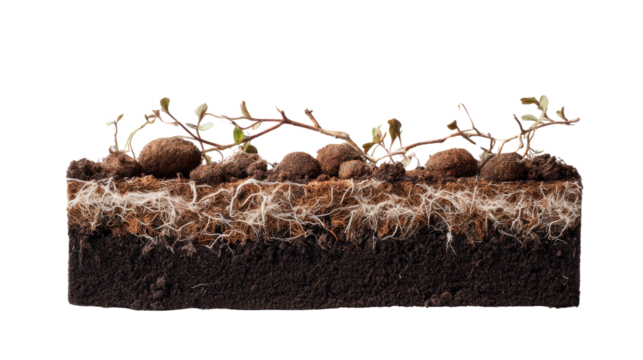 Cross-section of Earth: A detailed cross-section showcasing layers of earth, soil, roots, and emerging plant life, offering an informative view of the natural world.