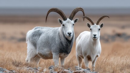 Two Blue Sheep Standing on Dry Grassland in Natural Environment