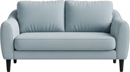A pale blue upholstered sofa with two back cushions and a single seat cushion transparent background