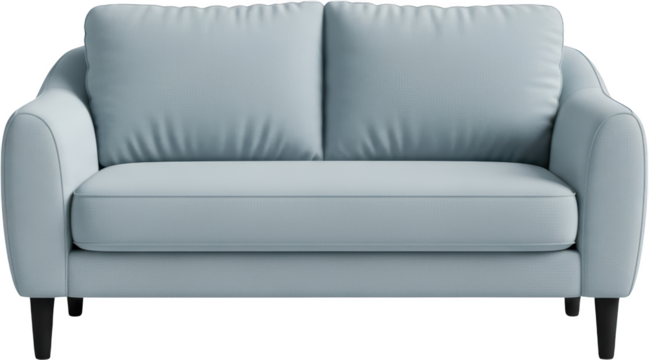 A pale blue upholstered sofa with two back cushions and a single seat cushion transparent background - Powered by Adobe