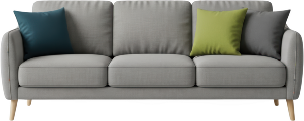 A Three Seater Grey Sofa With Teal Green And Grey Cushions Isolated Transparent Background Transparent Background