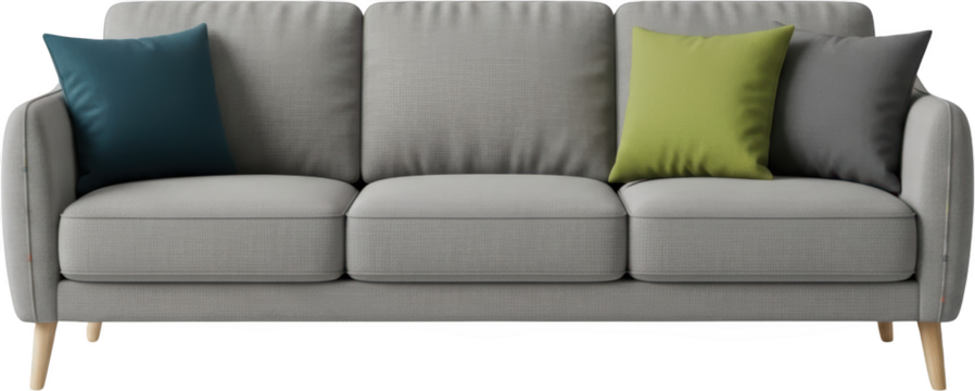 A Three Seater Grey Sofa With Teal Green And Grey Cushions Isolated Transparent Background Transparent Background
