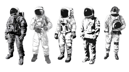 Naklejka premium Astronauts on a Mission: A group of astronauts in their space suits are prepared to explore the cosmos, representing a symbol of humanity's aspiration and spirit of exploration.