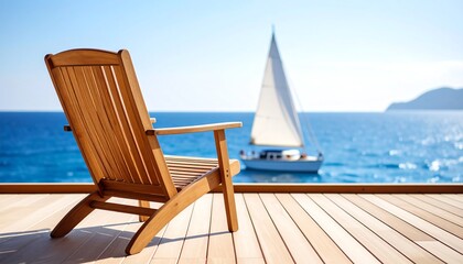 Wooden deck chair overlooks a sailboat and the calm blue sea. Ideal for travel brochures, vacation websites, and seaside themed designs.