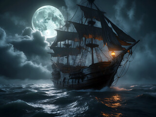 Obraz premium Spectral 15th‑Century Carrack Pirate Ship Under Full Moon: Dramatic Moonlit Sea, High‑Detail Oil Painting Style
