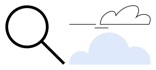Magnifying glass next to outlined and solid clouds, highlighting concepts of search, exploration, cloud computing, and clarity. Ideal for technology, analysis, data, problem-solving internet