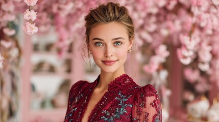 Fototapeta premium Elegant woman portrait in burgundy dress with delicate blue floral embroidery, pastel pink cherry blossom background, soft diffused lighting creating dreamy atmosphere