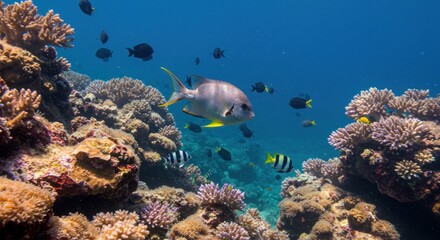 Obraz premium Underwater scene featuring diverse fish swimming amongst vibrant coral reefs under a bright blue ocean