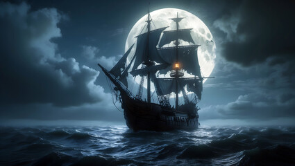 Spectral 15th‑Century Carrack Pirate Ship Under Full Moon: Dramatic Moonlit Sea, High‑Detail Oil Painting Style