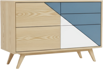 Wooden chest of drawers with geometric color block design and angled legs transparent background