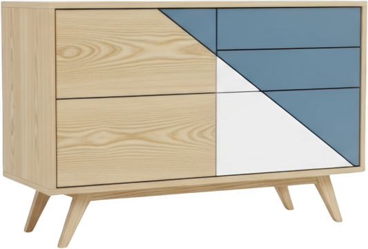 Wooden chest of drawers with geometric color block design and angled legs transparent background
