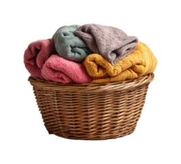 Colorful towels stacked in a woven basket home laundry room still life cozy isolated on transparent background, png