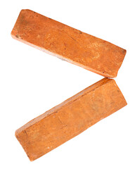 Side view of two cracked old red or orange bricks in stack isolated with clipping path in png file format