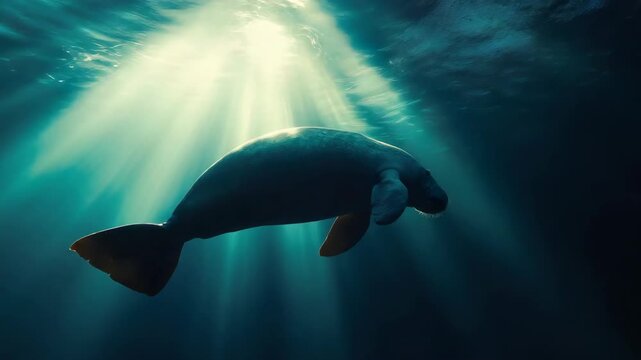 Underwater view of manatee illuminated by sunlight beams