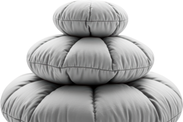 Stacked round gray fabric pillows with stitched sections isolate cushion