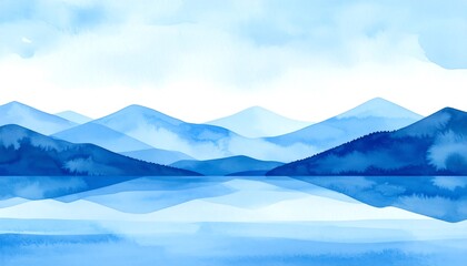 Watercolor landscape of mountains reflected in water