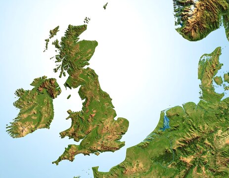 3D topographical map of the British Isles, showing terrain detail and coastal features