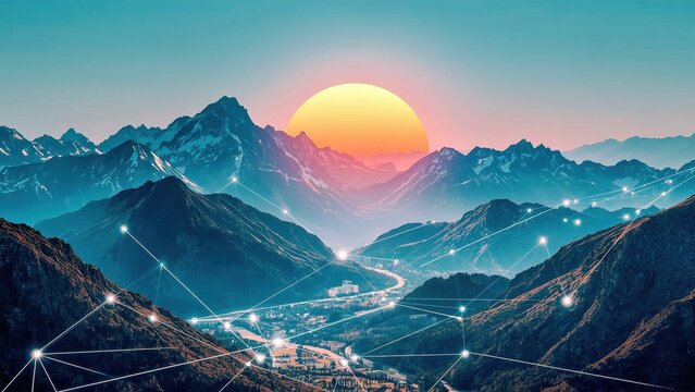 GitOps. Sunset orange sun above blue mountain range with digital netwo