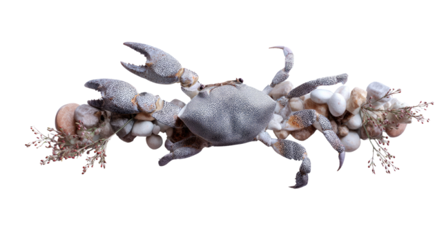 Seashell Crab Display: A meticulously arranged display featuring a crab constructed from a combination of seashells, creating a whimsical and creative seaside aesthetic. 