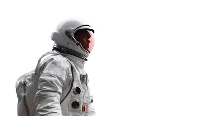 Astronaut on a Mission: A courageous astronaut, dressed in a pristine spacesuit, boldly looks forward with an unwavering gaze, symbolizing the spirit of space exploration.