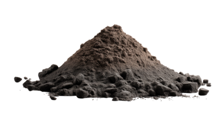 Dark Soil Mountain: A detailed image of a small mountain made of dark soil. The rough texture and varied shades of brown, black, and gray suggest earthiness and substance. 