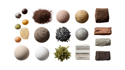 Raw Material Variety: A meticulously arranged array of diverse raw materials, ranging from natural stone and earthen textures to organic elements.