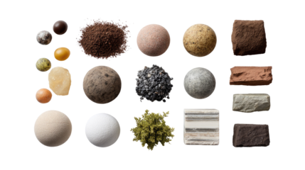 Raw Material Variety: A meticulously arranged array of diverse raw materials, ranging from natural stone and earthen textures to organic elements.