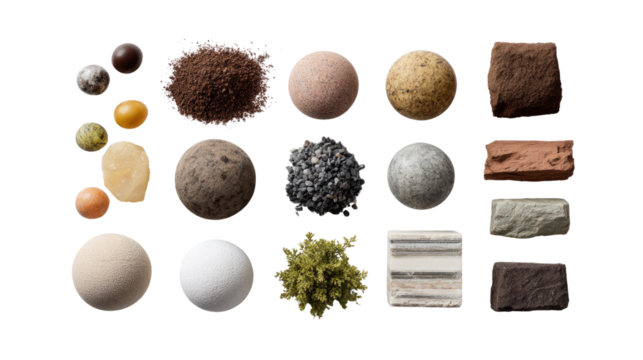 Raw Material Variety: A meticulously arranged array of diverse raw materials, ranging from natural stone and earthen textures to organic elements.